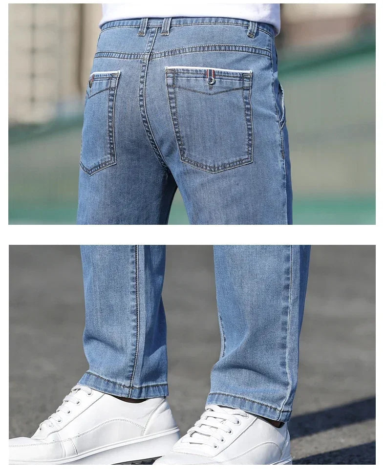 2024 Summer New Men's Loose Stretch Gray Jeans Fashion Casual Stretch Straight-leg Denim Pants Male Light Blue Brand