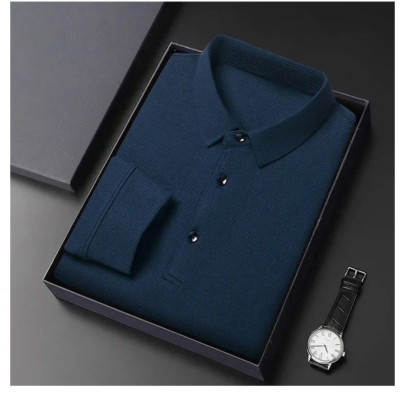 Waffle Fleece Thicken Fashion Polo Shirt Men Winter Warm Plush Business T-Shirt Tops Male Casual Button Lapel Long Sleeve Shirts