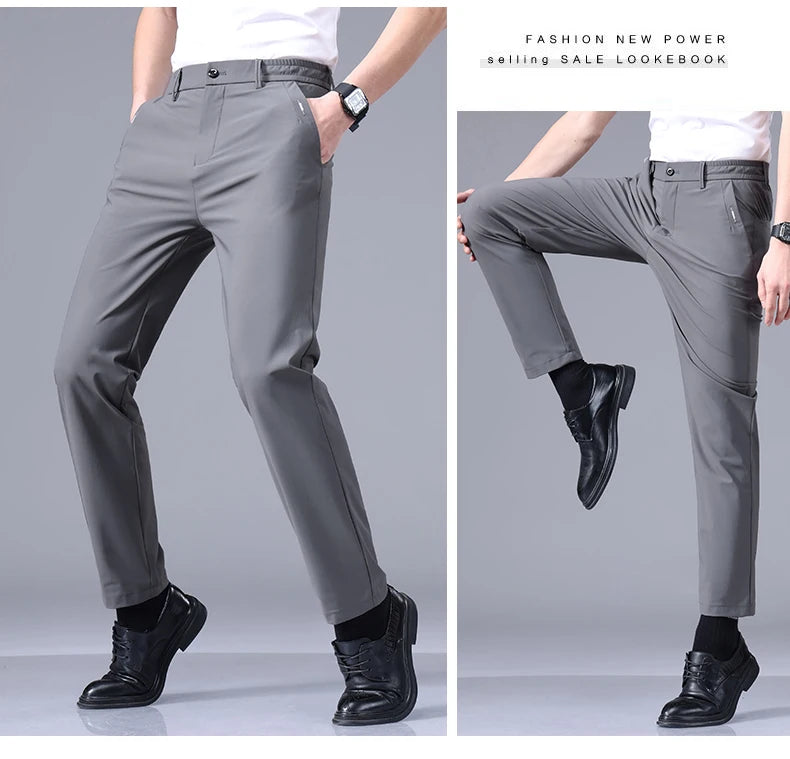 High Elastic Ultra-thin Casual Pants Men's Business Straight Slim Trousers Breathable Classic Black Gray Male Brand Pant