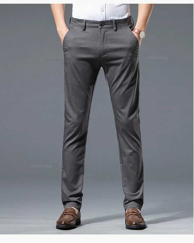 New Men's Business Straight Striped Casual Pants High Quality British Fashion Soft Elastic Trousers Black White Khaki Gray