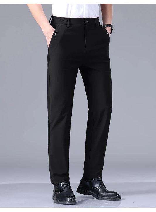 High Elastic Ultra-thin Casual Pants Men's Business Straight Slim Trousers Breathable Classic Black Gray Male Brand Pant