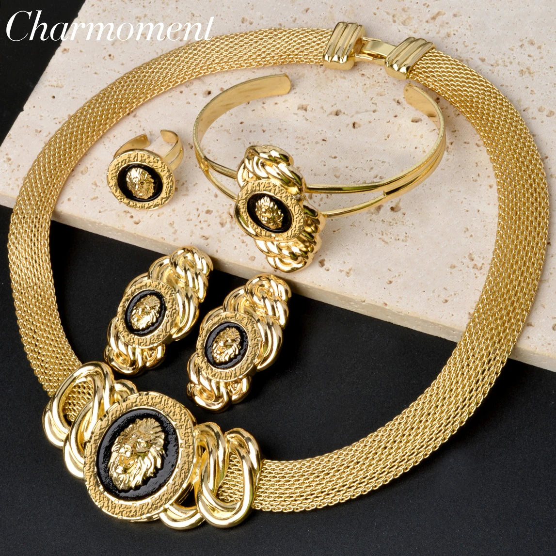 Luxury Dubai Jewelry Set for Women 18k Gold Plated Lion Necklace Bracelet Ring Earrings Bridal Wedding Jewellery Accessories