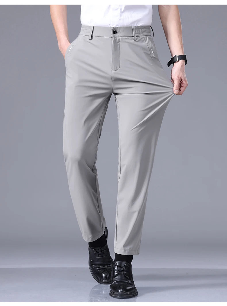 High Elastic Ultra-thin Casual Pants Men's Business Straight Slim Trousers Breathable Classic Black Gray Male Brand Pant