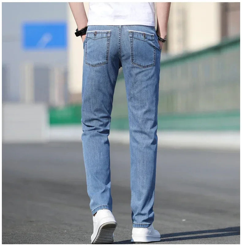 2024 Summer New Men's Loose Stretch Gray Jeans Fashion Casual Stretch Straight-leg Denim Pants Male Light Blue Brand