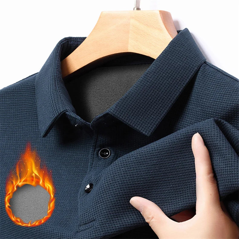 Fashion Winter Fleece Warm Men Business Wargoff Polo Shirts New Long Sleeve Button Lapel Male Clothing Thick Casual T-Shirt Tops