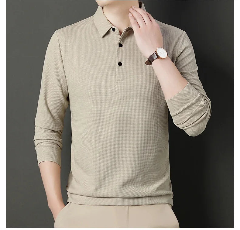 Waffle Fleece Thicken Fashion Polo Shirt Men Winter Warm Plush Business T-Shirt Tops Male Casual Button Lapel Long Sleeve Shirts