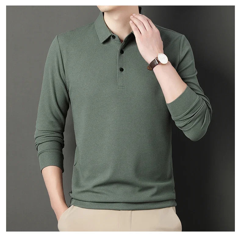 Waffle Fleece Thicken Fashion Polo Shirt Men Winter Warm Plush Business T-Shirt Tops Male Casual Button Lapel Long Sleeve Shirts