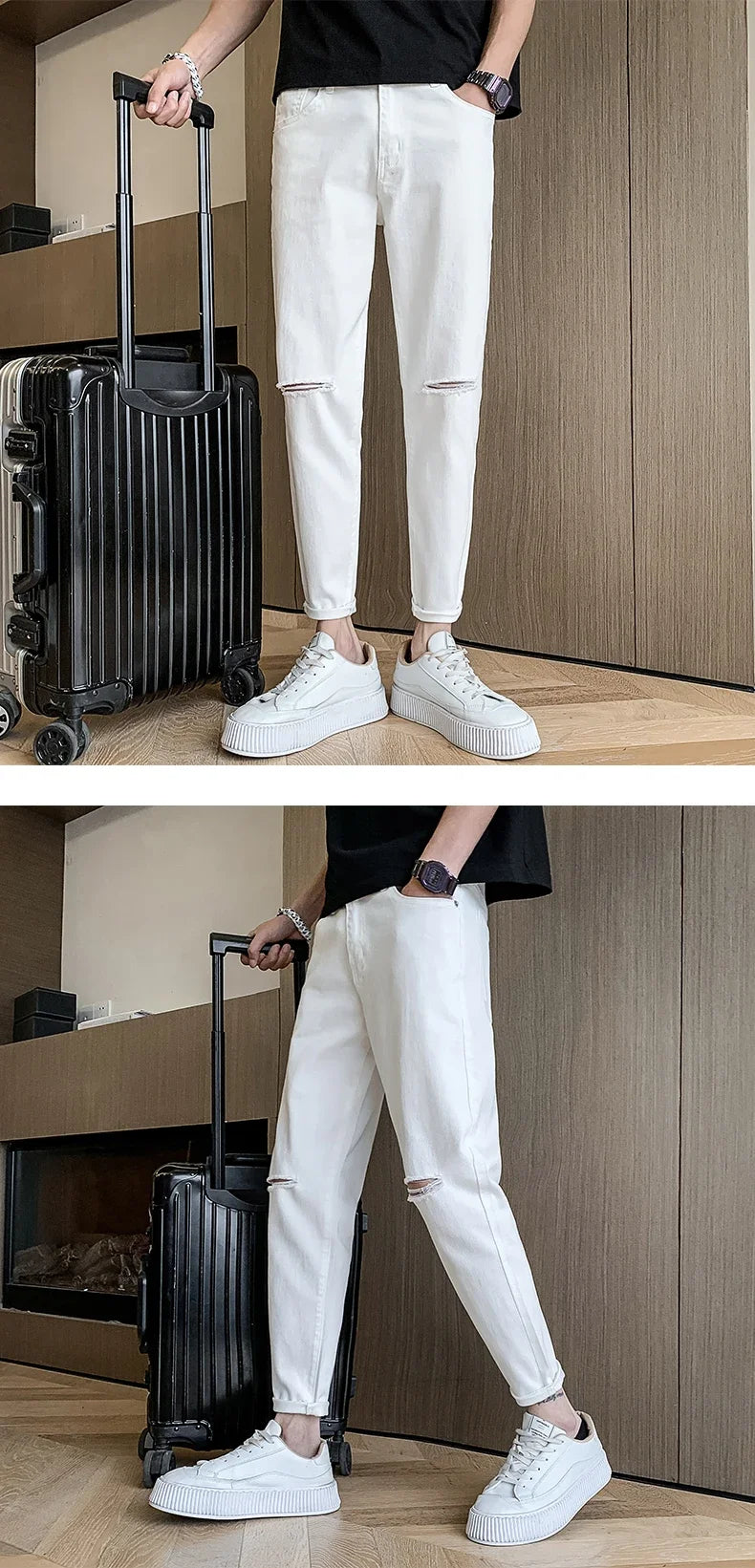 2024 Spring New Male Knee Ripped Jeans Men's Straight Slim Small Feet Denim Trousers Streetwear Stretch Casual Pants