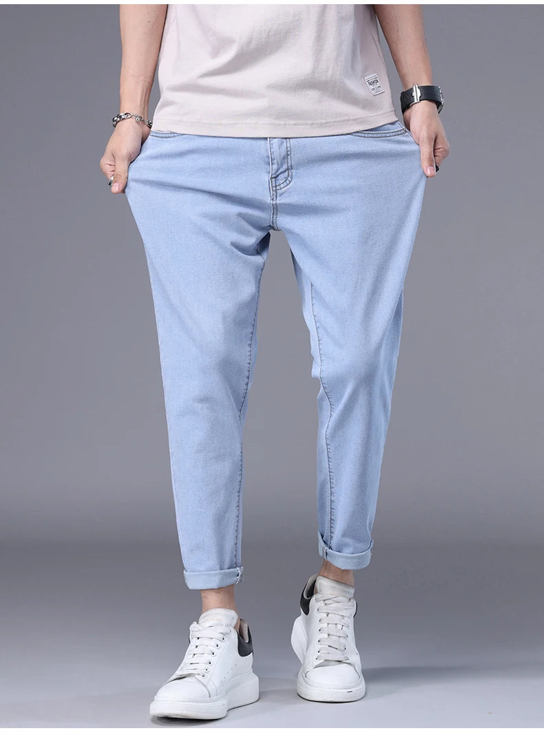 Men's Streetwear Skinny Solid Color Blue Black Jeans Korean Stretch Soft Classic Casual Denim Trousers Nine Lengths Pants