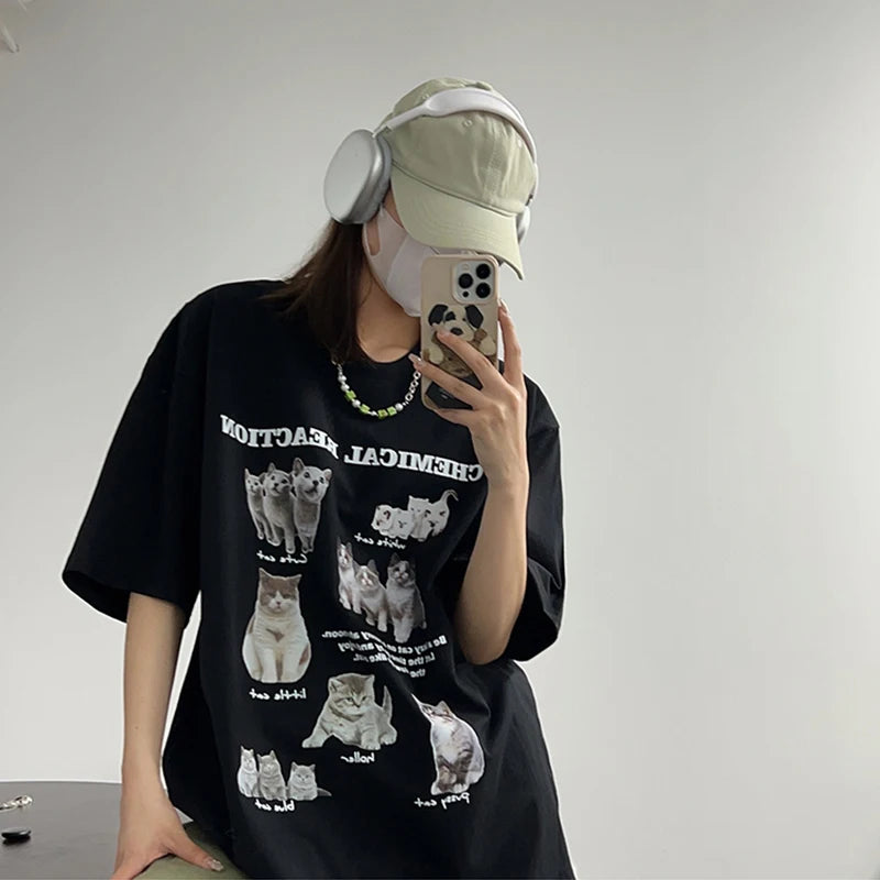 Y2k Top Women T-Shirt Oversized Kawaii Cat Cotton Summer Tees Harajuku Korean Fashion Short Sleeve Streetwear Aesthetic Clothing