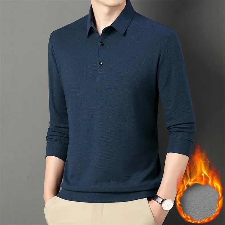 Waffle Fleece Thicken Fashion Polo Shirt Men Winter Warm Plush Business T-Shirt Tops Male Casual Button Lapel Long Sleeve Shirts