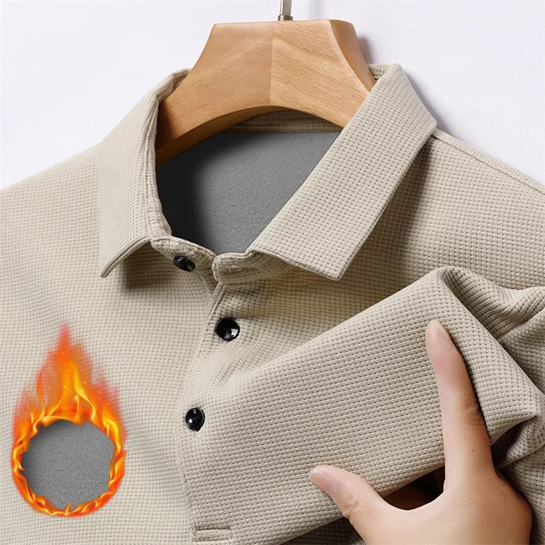 Waffle Fleece Thicken Fashion Polo Shirt Men Winter Warm Plush Business T-Shirt Tops Male Casual Button Lapel Long Sleeve Shirts