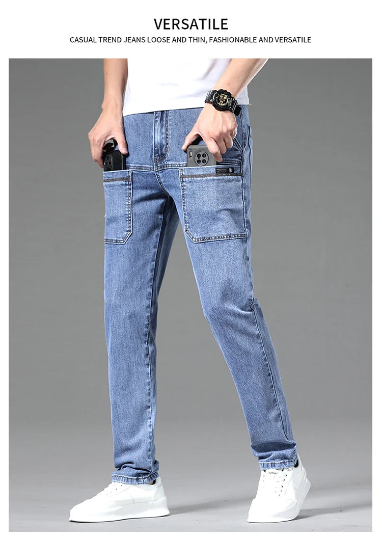 2024 New 6 Pocket Design Men's Denim Jeans Skinny Full Length Pants with High Elasticity Slim Pants Man Fashion Mid-waist Jeans