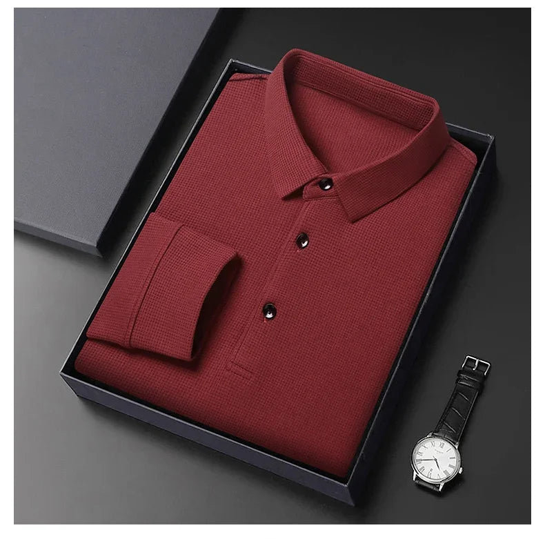 Waffle Fleece Thicken Fashion Polo Shirt Men Winter Warm Plush Business T-Shirt Tops Male Casual Button Lapel Long Sleeve Shirts