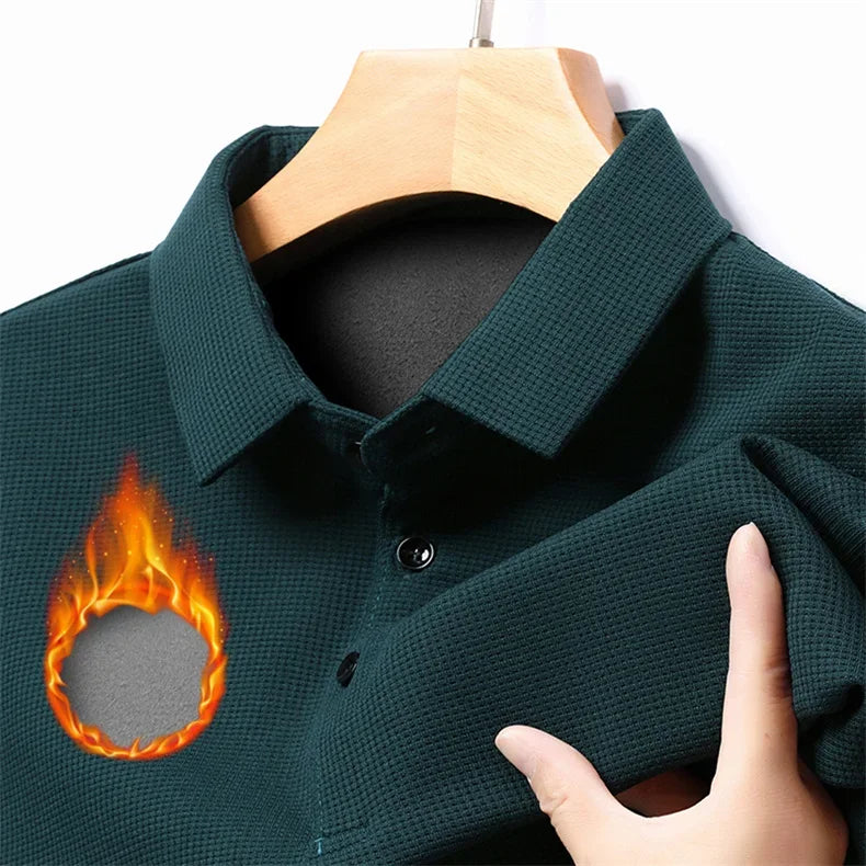 Waffle Fleece Thicken Fashion Polo Shirt Men Winter Warm Plush Business T-Shirt Tops Male Casual Button Lapel Long Sleeve Shirts