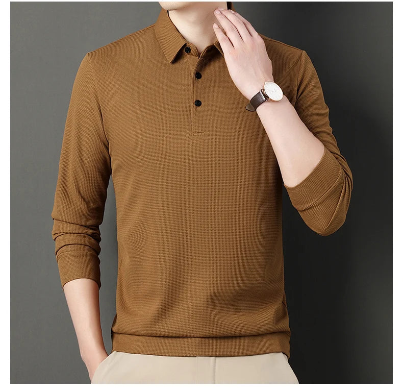 Fashion Winter Fleece Warm Men Business Wargoff Polo Shirts New Long Sleeve Button Lapel Male Clothing Thick Casual T-Shirt Tops