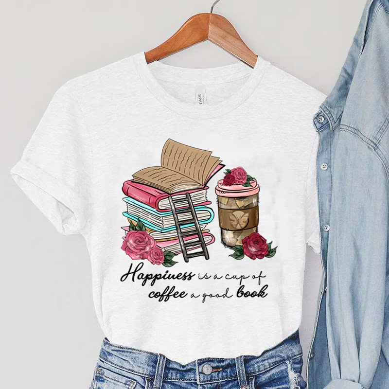 Coffee & Rose T-Shirts Women's Short Sleeve Clothing Cartoon Stairs Tops Books T Shirts Summer Casual Fashion Women T-shirts