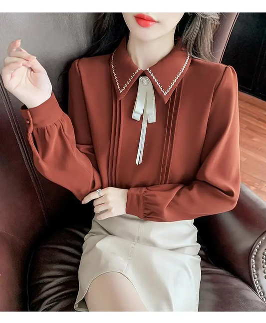 Women Clothes Preppy Style Bow Solid Color Chiffon Blouse Office Lady Turn-down Collar Long Sleeve Autumn Shirring Pullover Tops